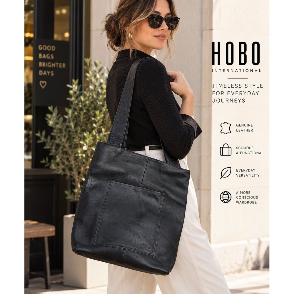 HOBO International Black Leather Tote Shoulder Bag Large Pocket Vintage